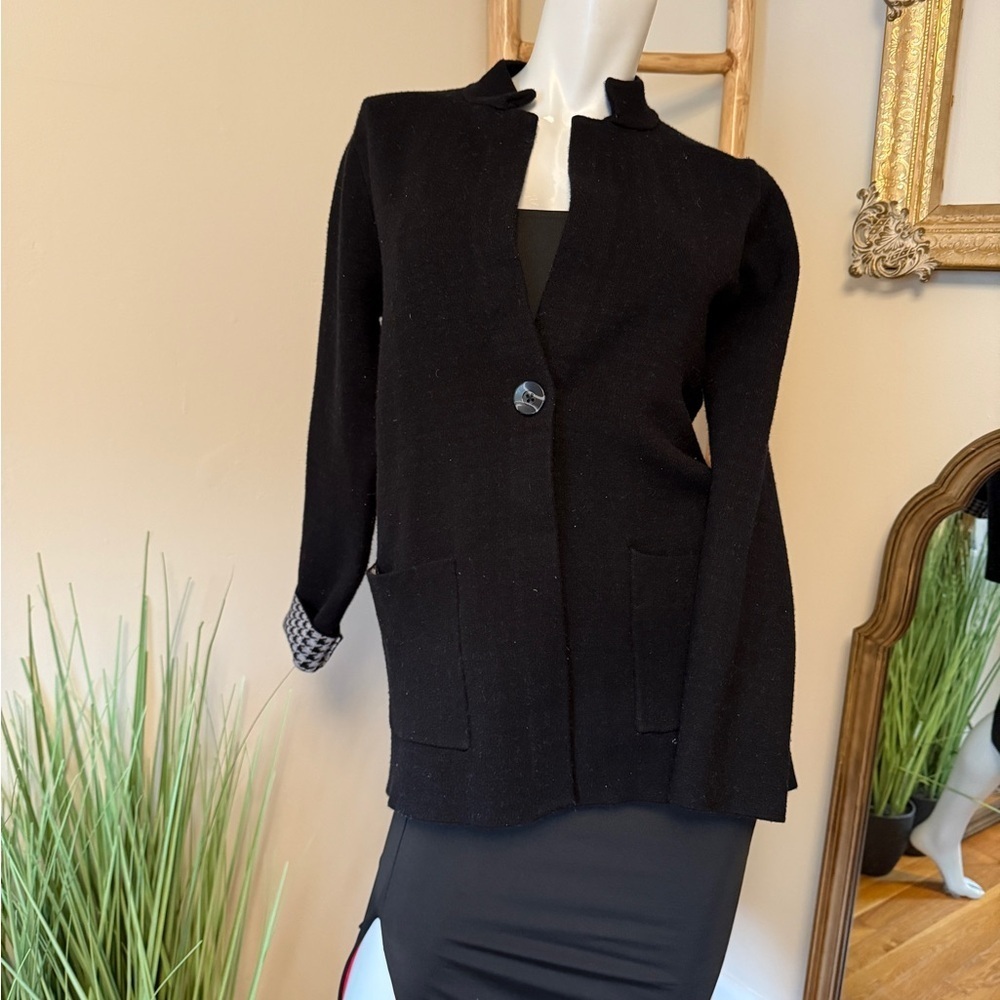 Halston Black One Button Blazer with Houndstooth Interior And Cuffs Medium